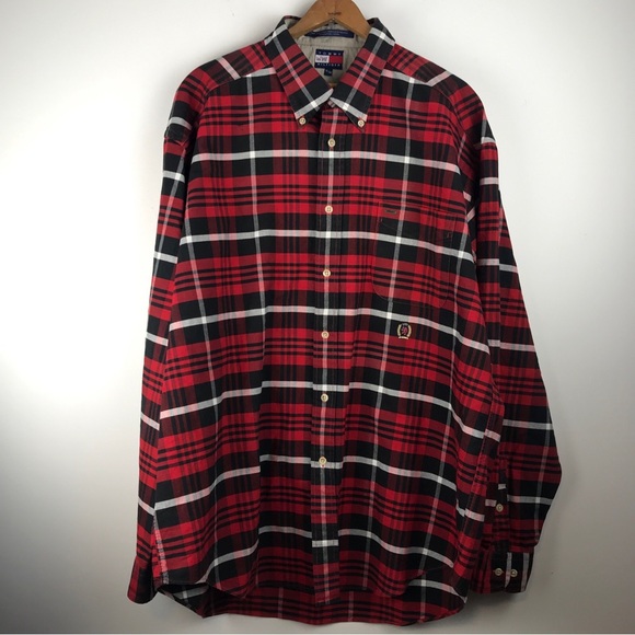 VTG Tommy Hilfiger XL Red Tartan Plaid Long Sleeve Button Up Shirt Crest Logo - Picture 1 of 16